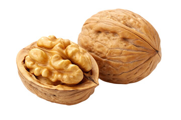 Close-up of a whole walnut and a cracked walnut revealing its kernel, isolated on black