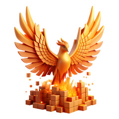 Golden Phoenix Rising from Ashes: Rebirth Symbol