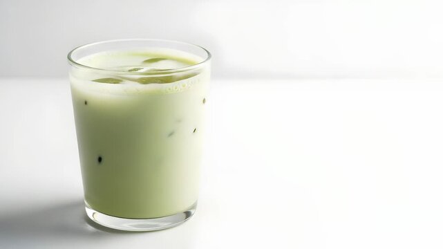 Green Iced Matcha Latte in Clear Glass with Ice Cubes on White Table Minimalist and Clean Background - Powered by Adobe