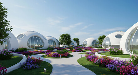 Futuristic Dome Homes: Serene Architectural Render of Eco-Friendly Geodesic Dwellings in a Vibrant Floral Landscape