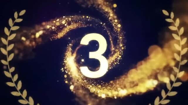 Abstract award background with swirling golden particles in a countdown vortex. Elegant, festive atmosphere. Glowing light rays, smooth motion, seamless loop. Perfect for holiday, celebration, or cere