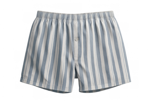 Light blue and white striped boxer shorts isolated on a transparent background, perfect for showcasing designs or adding a touch of comfort to any project