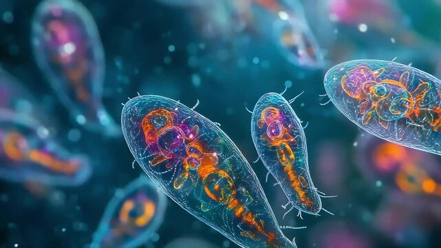 Glowing protozoa swim in vibrant blue depths