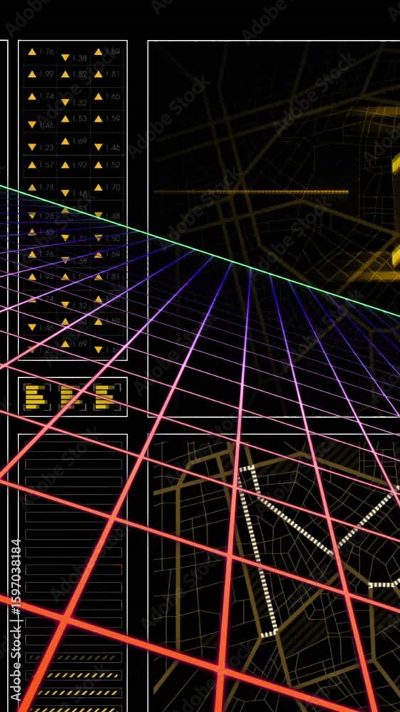 Poster animation of graph, loading circles, navigation pattern over grid pattern against black background