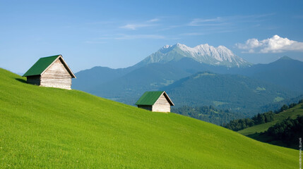 Obraz premium Tranquil Landscape with Green Hills, Wooden Cabins, and Majestic Mountain Range Under Bright Blue Sky in Summer Setting