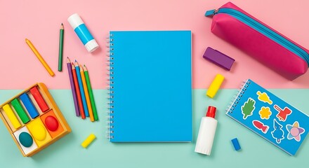 Organized Study Space Colorful Stationery Supplies on a Pastel Background for Creative Learning and School Projects