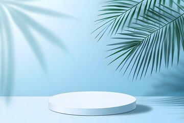 Obraz premium A clean white platform with soft palm leaf shadows over a vibrant blue background. Ideal for modern, nature-inspired product presentations.