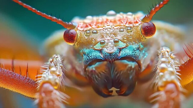 Macro spider portrait with dew drops