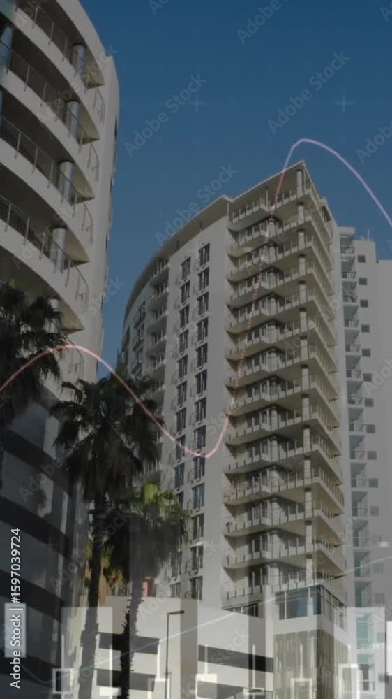 Poster animation of statistical data processing against low angle view of tall buildings