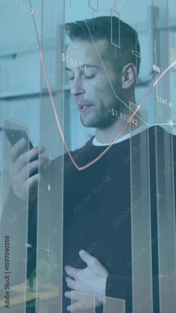 Wall mural animation of statistical data processing against caucasian man talking on smartphone at office