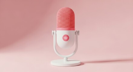 A cute pink and white vintagestyle microphone on a pink background, perfect for podcasting or music recording
