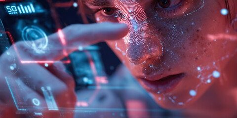 a person interacting with a holographic interface, biometric scans, futuristic UI elements, digital overlays