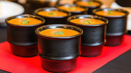 Delicious creamy curry in black bowls garnished with fresh cilantro on a vibrant red platter at a dining event setting