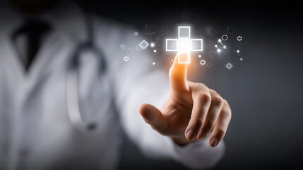 Doctor touching medical cross icon on virtual screen