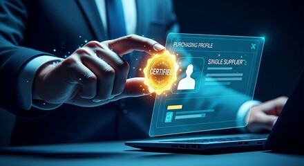 Supplier certification concept. A manager's hand applies a holographic "CERTIFIED" seal onto a single supplier profile, symbolizing quality and trust.