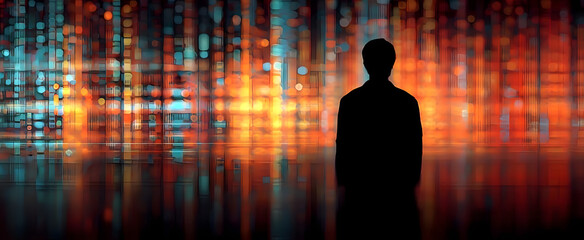 The silhouette of a person against a vibrant digital data background.