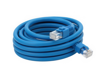 A coiled blue Ethernet cable featuring clear connectors, perfect for enhancing connectivity in any tech setup.