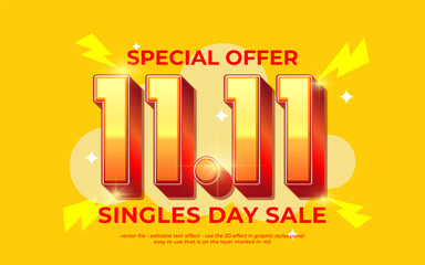 Singles Day sale banner with modern design on yellow background. Singles Day vector eleven eleven