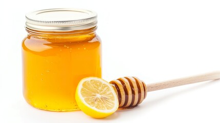 A honey jar with a simple, unadorned lid, focusing on the glass and honey, on a white background
