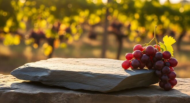 Ripe red grapes resting on a slate stone in a sunlit vineyard with bokeh background
