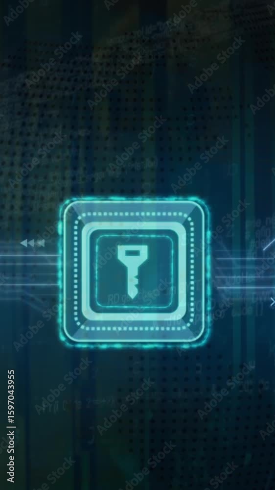 Poster Animation of key icon and digital data processing over computer circuit board
