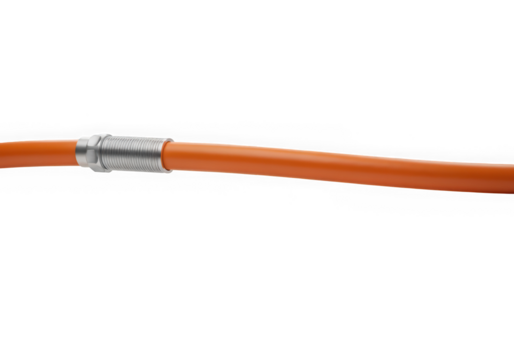 Close-up of a flexible orange electrical cable with a metallic connector, showcasing modern design and utility.
