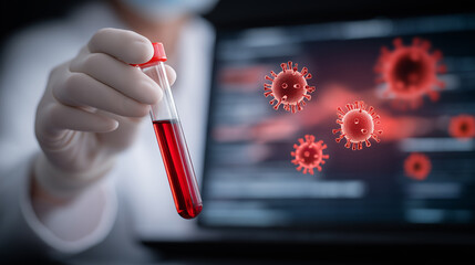 Lab technician holding blood test tube with virus particles