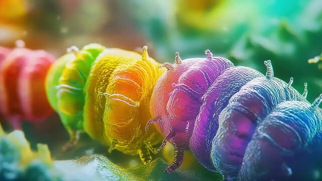 Vibrant iridescent wormlike creatures lined up