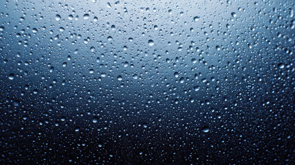 Water droplets on glass panel create moody blue texture with high fidelity and clean surface reflecting light