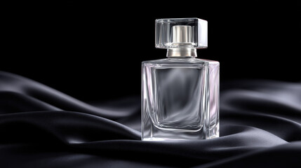 Clear glass perfume bottle with silver spray cap on smooth black satin fabric, elegant and luxurious beauty product display