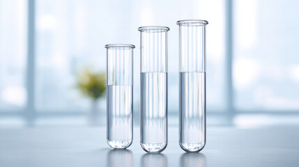 Clear glass test tube set with water in bright laboratory environment, showcasing scientific equipment for research and experiments