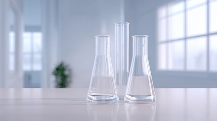 Clear laboratory glassware with liquid on white table in bright scientific research room with window light