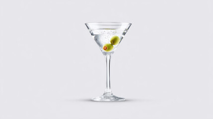 Crystal clear martini glass with two green olives and bubbles inside, elegant minimalist cocktail on white background