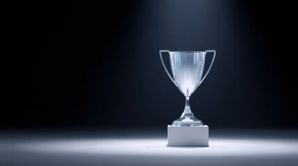 Shiny glass trophy on white pedestal illuminated by spotlight in dark room, symbolizing achievement and success with elegant design