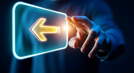 Reverse logistics and returns management concept. A hand interacts with a hologram showing a simple arrow indicating a product return from customer to warehouse.