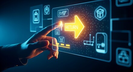Reverse logistics and returns management concept. A hand interacts with a hologram showing a simple arrow indicating a product return from customer to warehouse.
