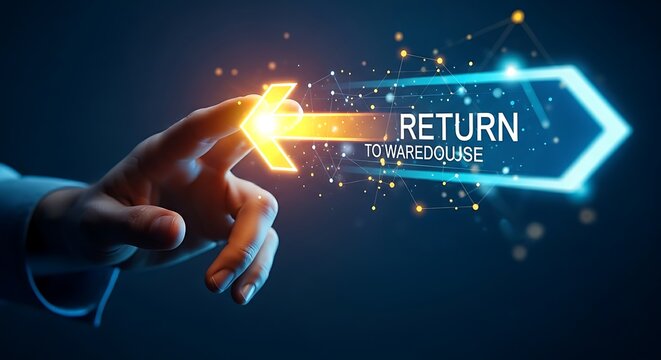 Reverse logistics and returns management concept. A hand interacts with a hologram showing a simple arrow indicating a product return from customer to warehouse.