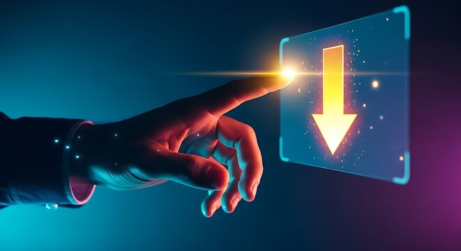 Reverse logistics and returns management concept. A hand interacts with a hologram showing a simple arrow indicating a product return from customer to warehouse.