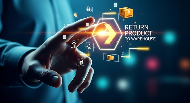Reverse logistics and returns management concept. A hand interacts with a hologram showing a simple arrow indicating a product return from customer to warehouse.