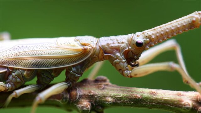 A fascinating pale stick insect with a long textured snout rests on a branch against a green backdrop.