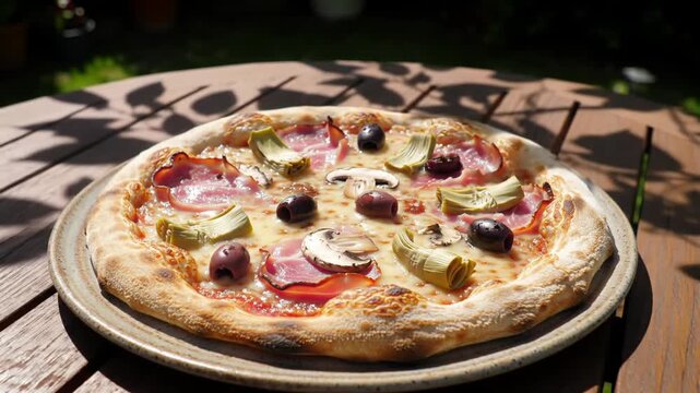 Pizza Capricciosa topped with ham, mushrooms, olives, and artichokes on a ceramic plate. Set on a brown wooden table outdoors, with soft tree shadows and bright midday sunlight in a peaceful backyard.