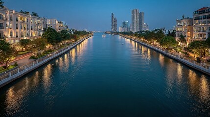 Obraz premium Riverfront cityscape at twilight, illuminated by city lights.