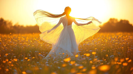 Silhouette of a woman in a flowing white gown, hair streaming, backlit by a golden sunset in a vibrant field of wildflowers.  Evokes feelings of freedom, joy, and new beginnings.