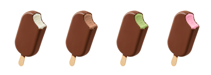 Chocolate glazed ice cream bar on stick transparent PNG cutout set bundle, isolated background. Vanilla, chocolate, mint, strawberry flavor cue