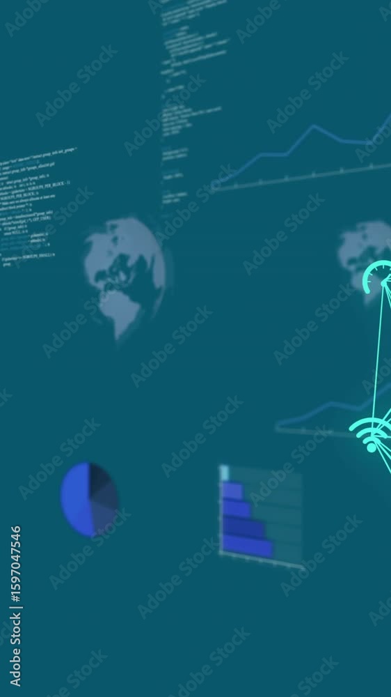 Poster data network and analytics animation over world maps and graphs