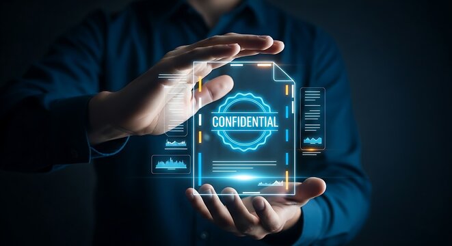 Confidentiality and non-disclosure agreement (NDA) concept. A hand shields a single holographic document with a glowing "CONFIDENTIAL" seal.