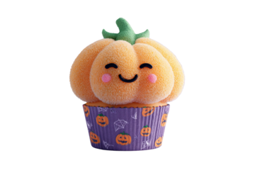 Cute 3D Halloween Cupcake with Pumpkin Topper and Purple Wrapper, Front View, Isolated on Transparent Background