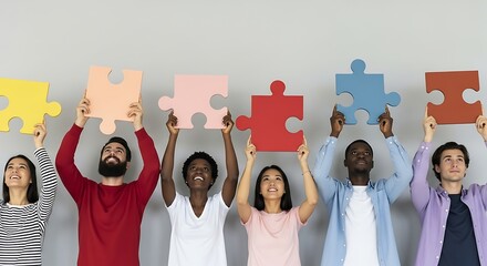 Diverse group holds up puzzle pieces to represent teamwork and collaboration