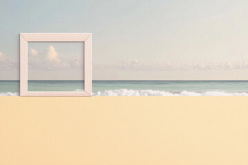 Blank frame against serene beach backdrop evokes sense of tranquility and creativity