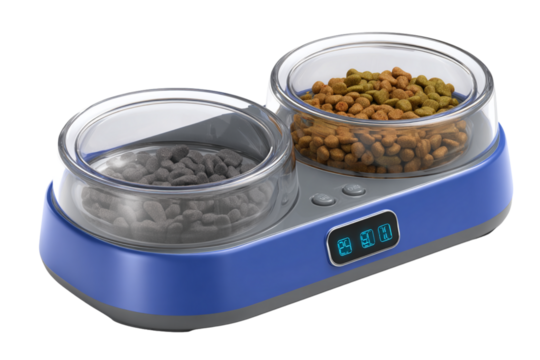 Dual Smart Pet Bowl Set with Separate Digital Scales and Colored Bases, Front View, Isolated on Transparent Background